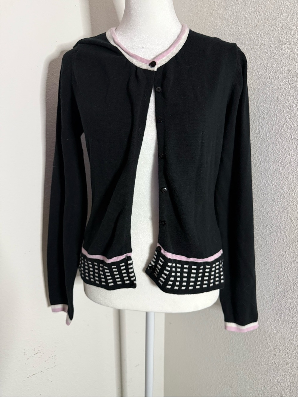 Heirloom Collectibles Black Cardigan Twinset Sweater Jacket Pink White Trim Med